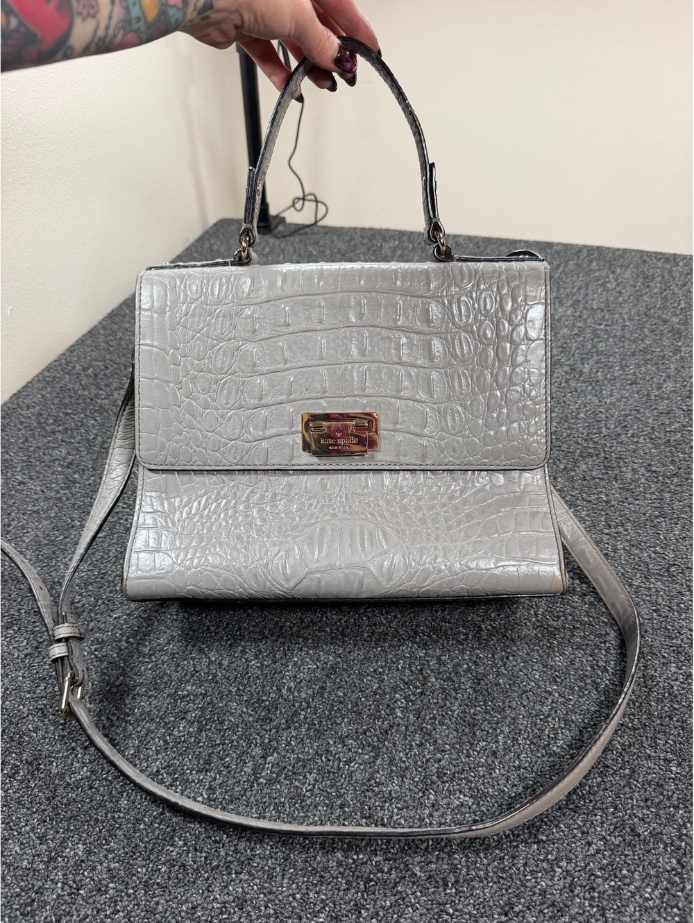 Kate Spade Croc Embossed Gray Leather Satchel Bag